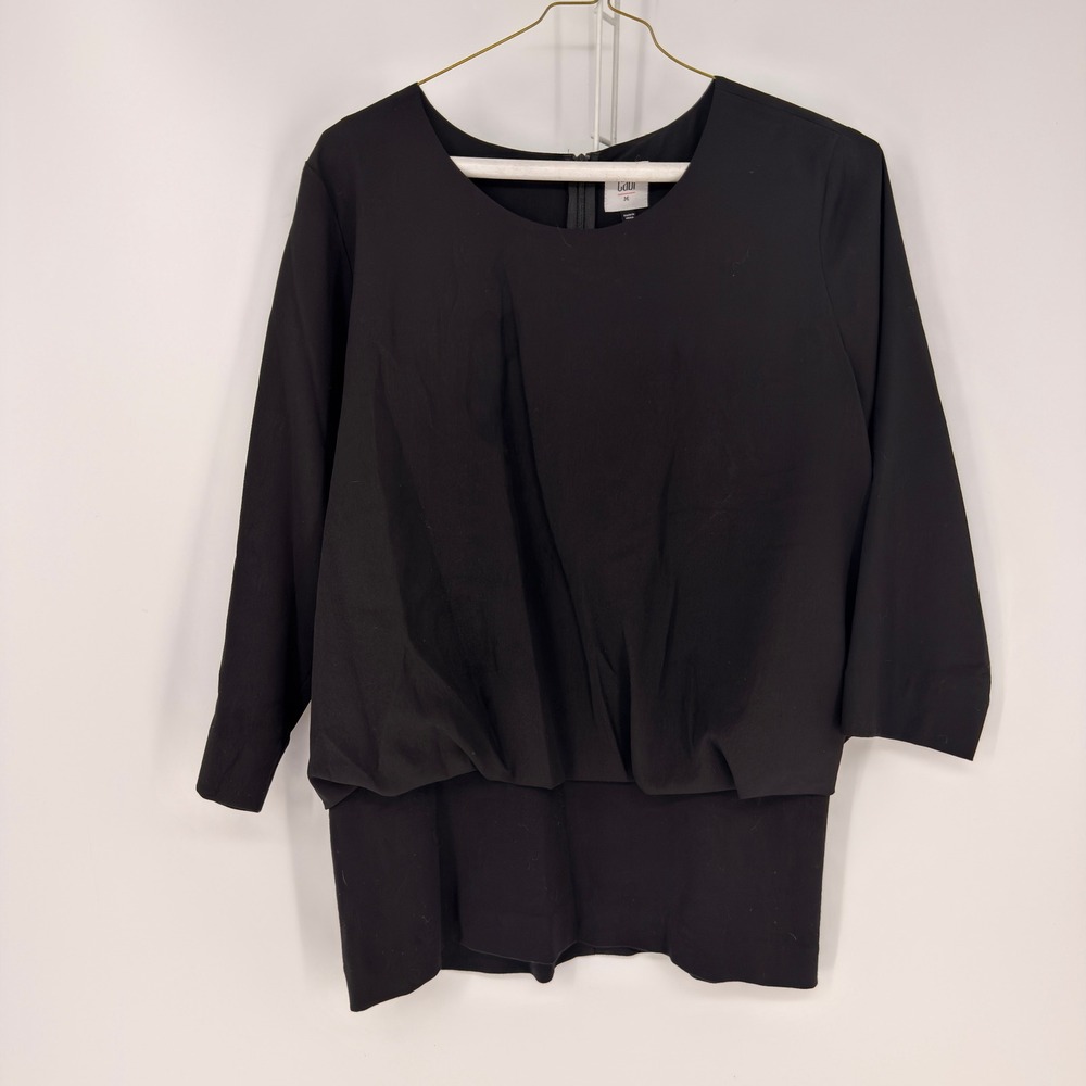 Cabi Blouse Women Medium Black 3/4 Sleeve Layer Hem Back Zip Chic Elegant Office